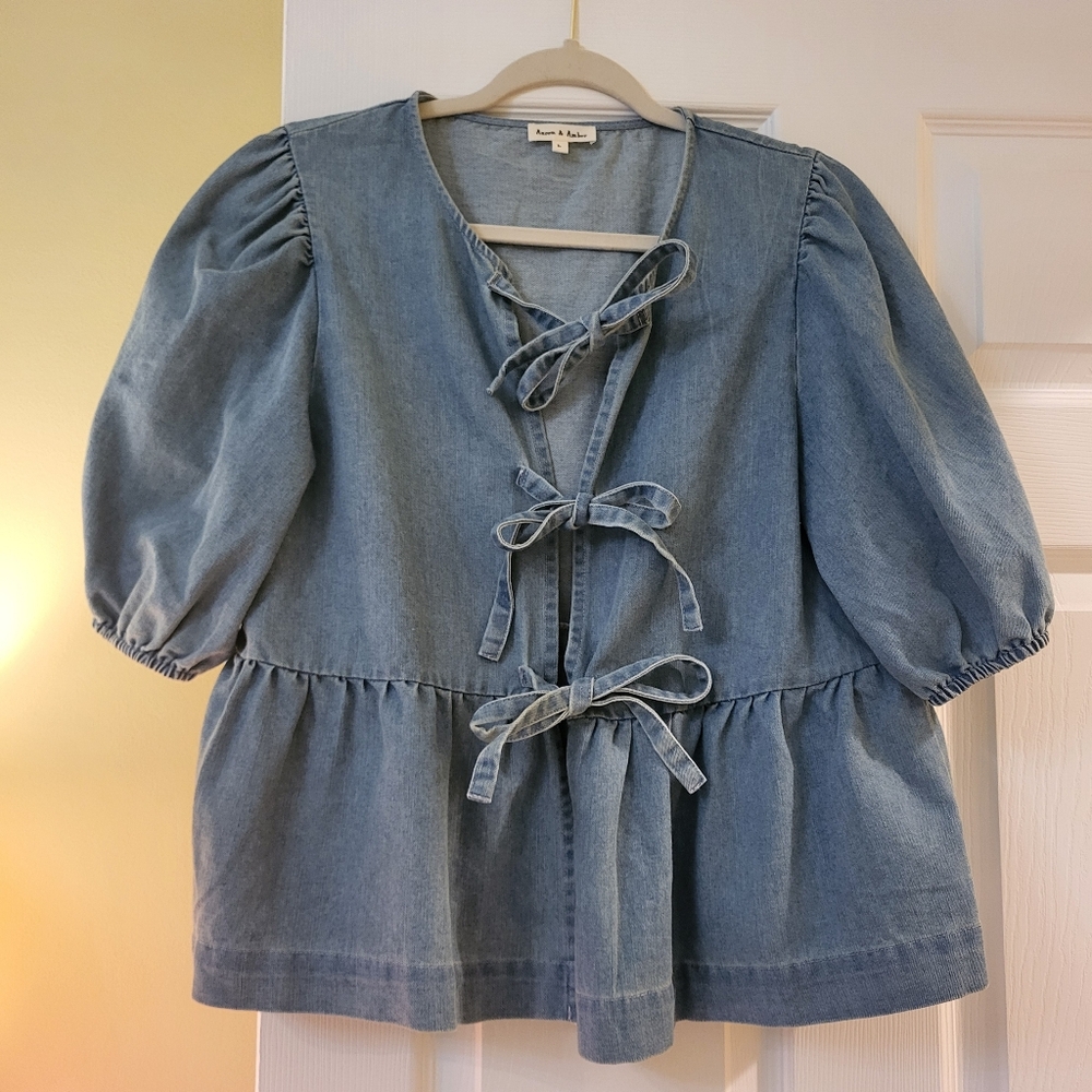 Aaron&amber Blue Denim Bow-Tie Blouse L